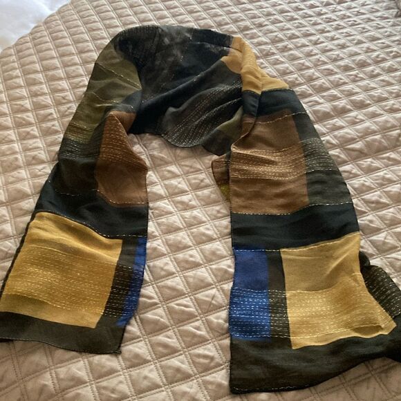 Oblong Scarf in Fall Colors with a Splash of Blue & Gold Metallic Thread. - Picture 1 of 3